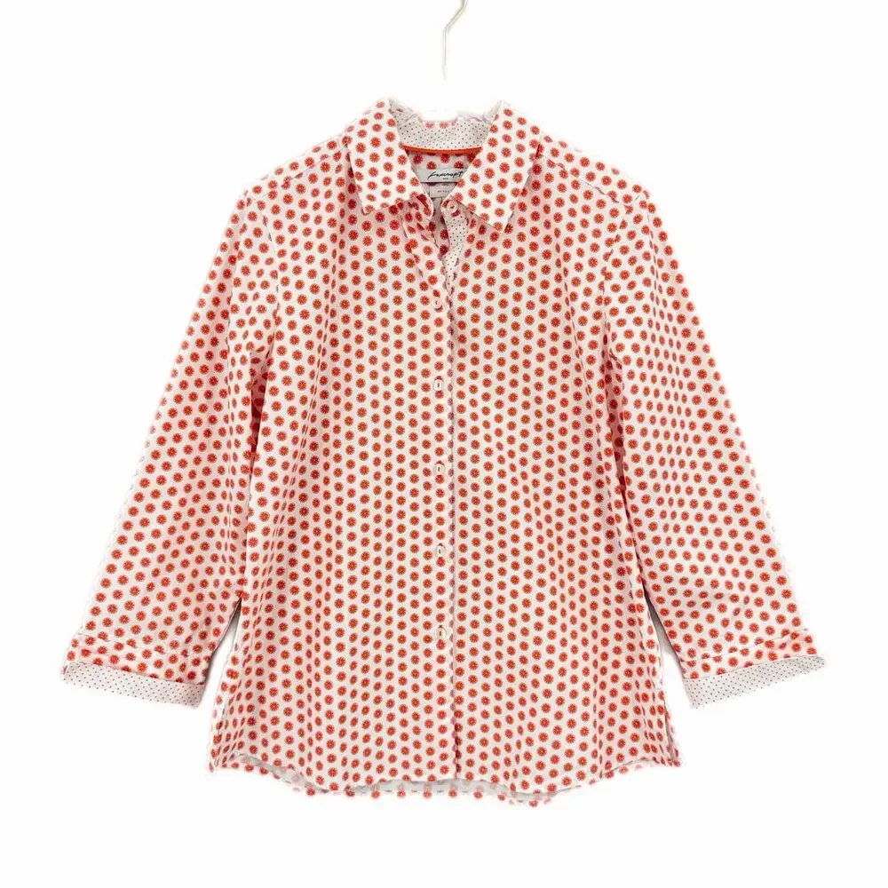 Foxcroft White Orange Citrus Structured Collared Button Up Preppy Blouse Top